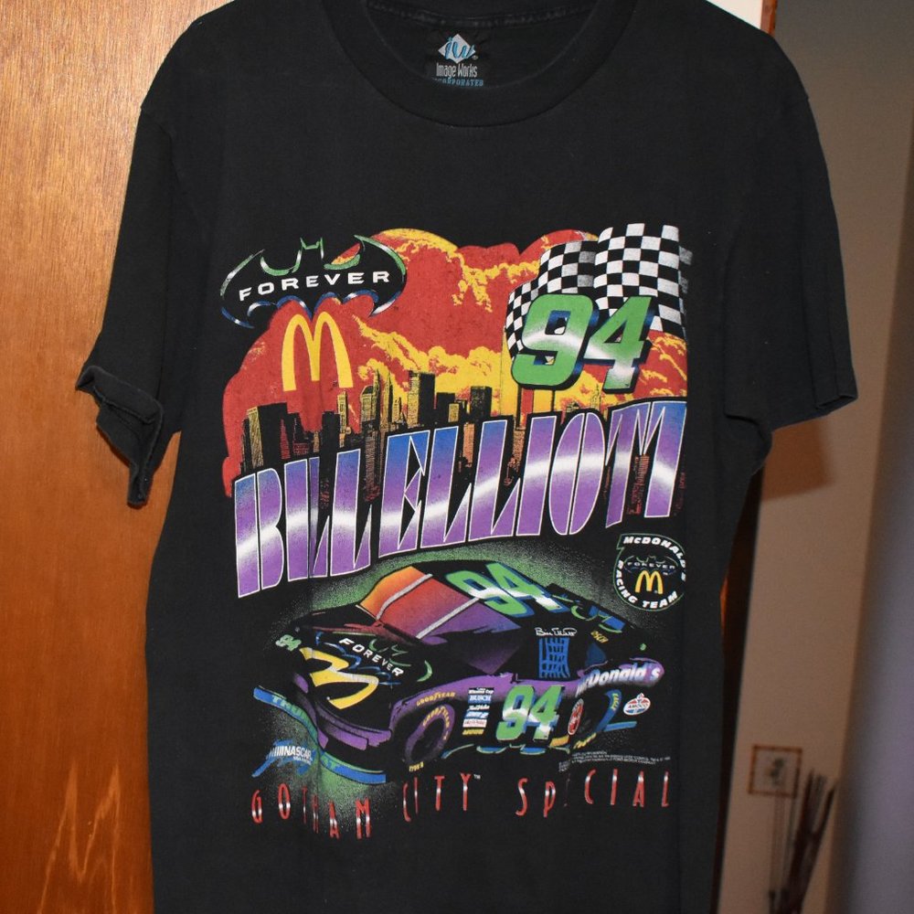 Vintage 1990's Bill Elliot Batman Forever Gotham City special NASCAR t-shirt.